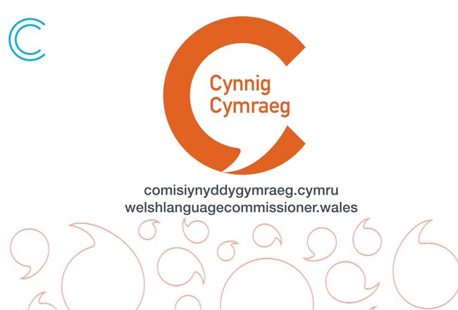 Cynnig Cymraeg logo and Welsh Language Commissioner web address