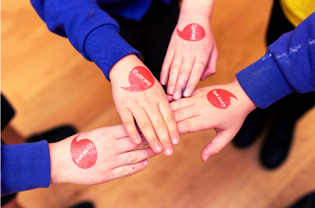 Hands with the Iaith Gwaith badge