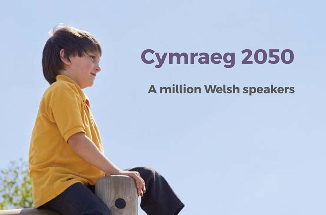 1 Million Welsh speakers poster with a child sat on climbing frame